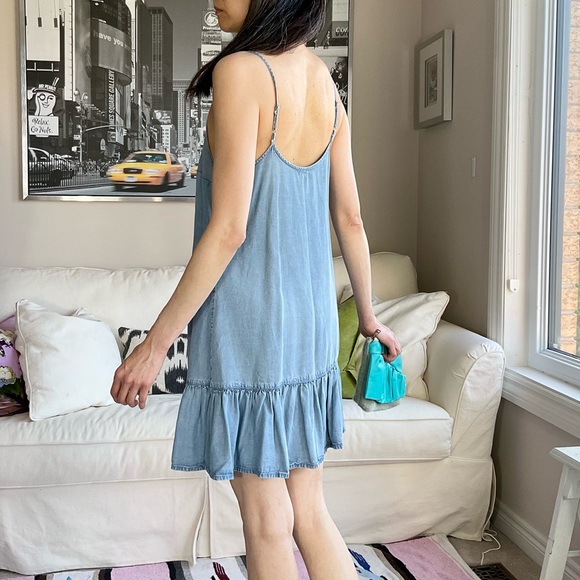 Blue chambray minidress with ruffle hem - Picture 6 of 14